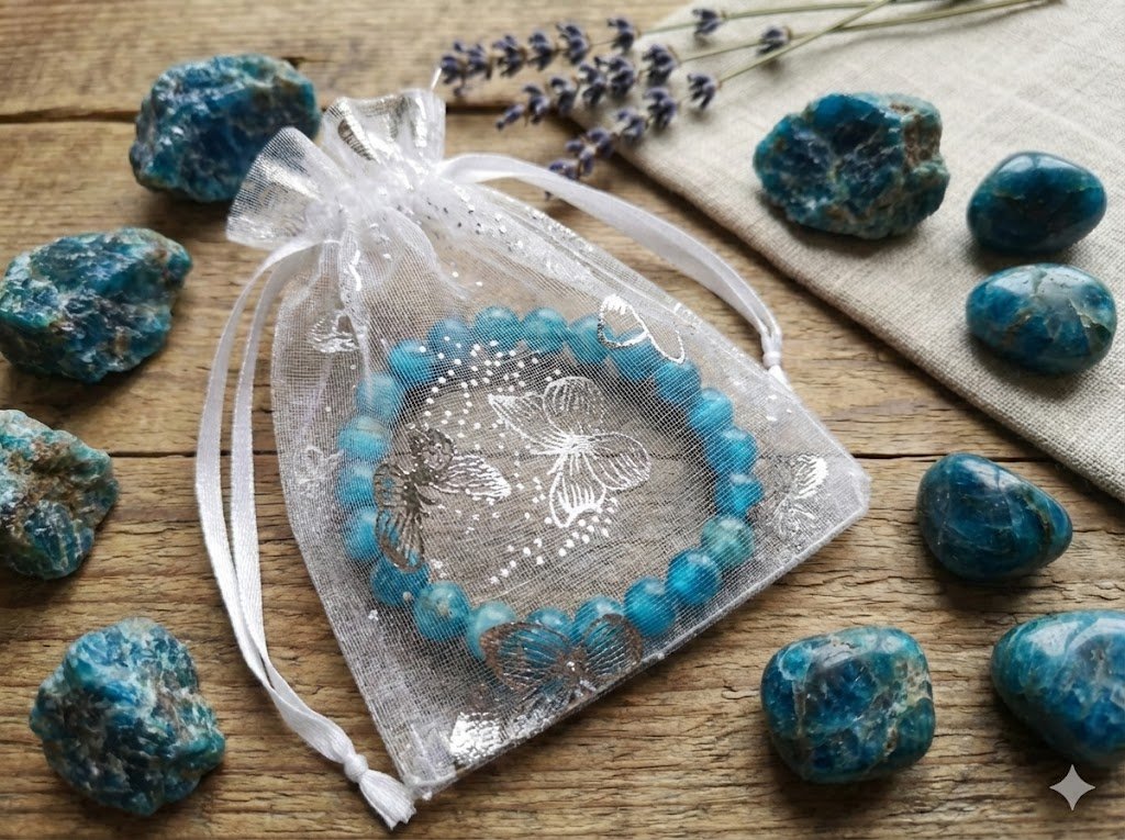 Bracelet Apatite Bleue – Perles 8 mm – Grade A+ 3 Bracelet Apatite bleue dans pochon