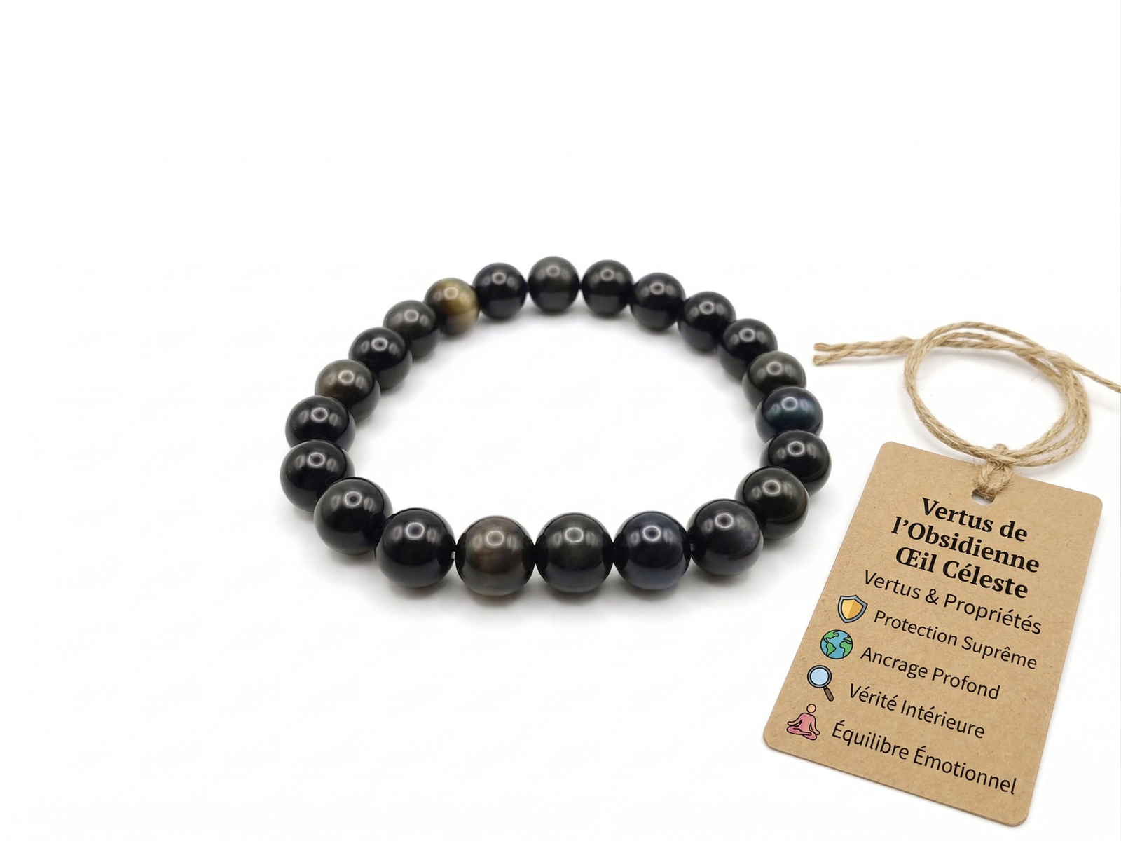 Accueil 8 vertus Bracelet lithotherapie Obsidienne oeil celeste par Romain Creation