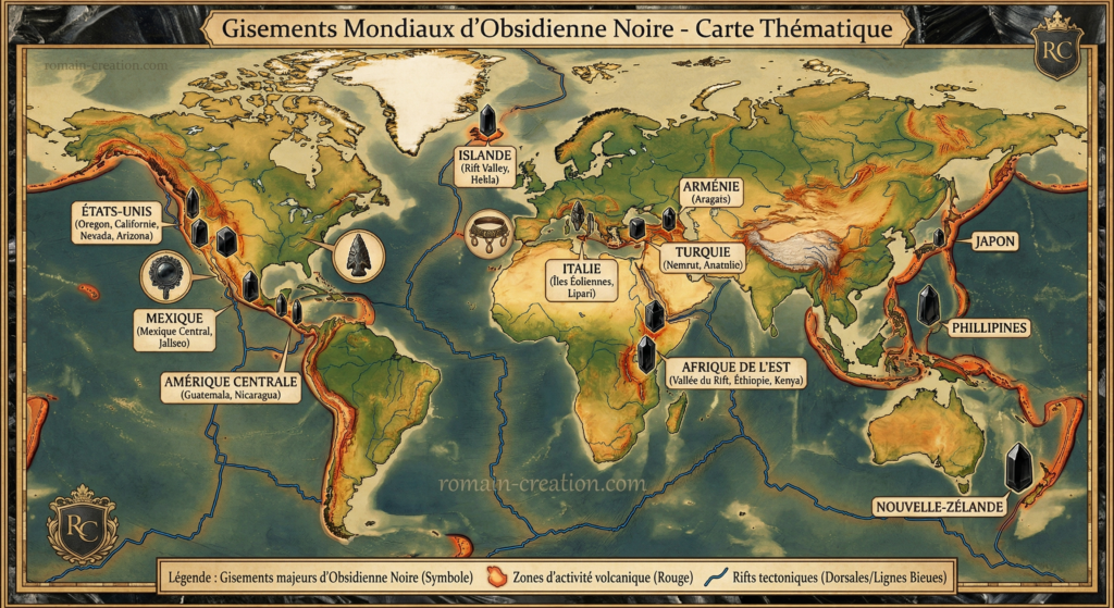 Carte mondiale de provenances de l'obsidienne noire Romain Creation