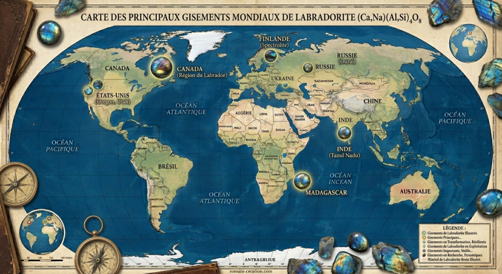 Carte mondiale des gisements de labradorite par romain-creation.com