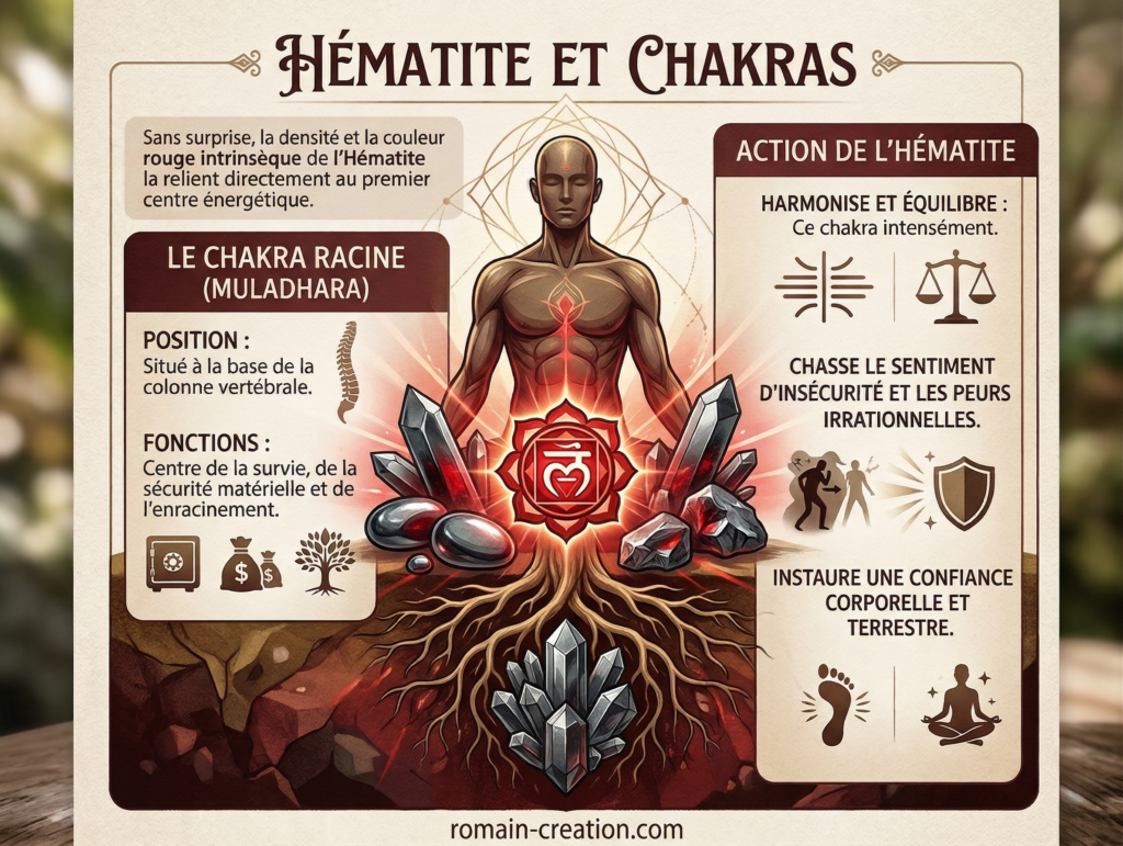 Chakras liés à l'hématite, lithothérapie par romain-creation.com