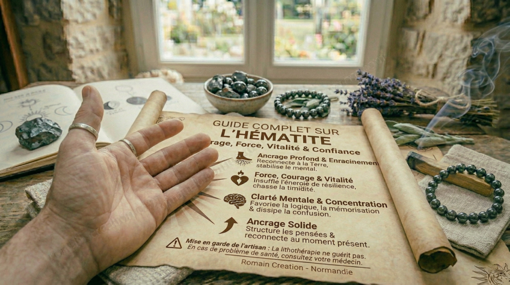 Guide lithothérapie hématite, vertus, chakras, signes astrologiques romain-creation.com