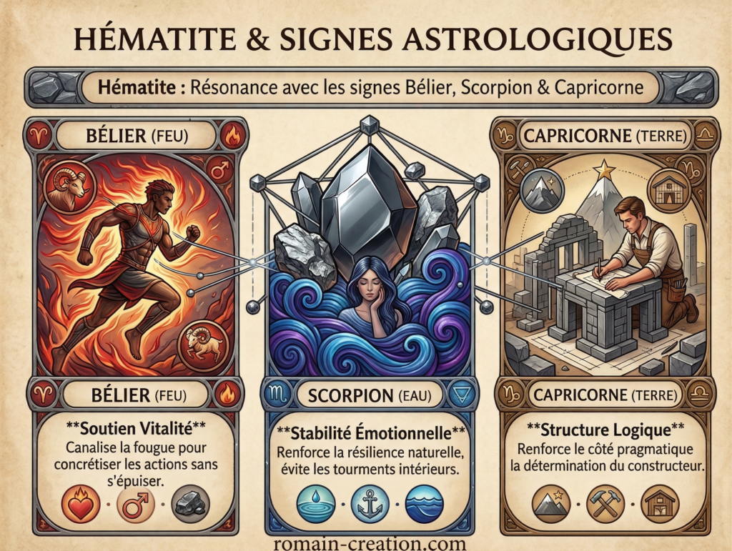 Signes astologiqes liés à l'hématite, lithothérapie par romain-creation, bélier, scorpion, capricorne