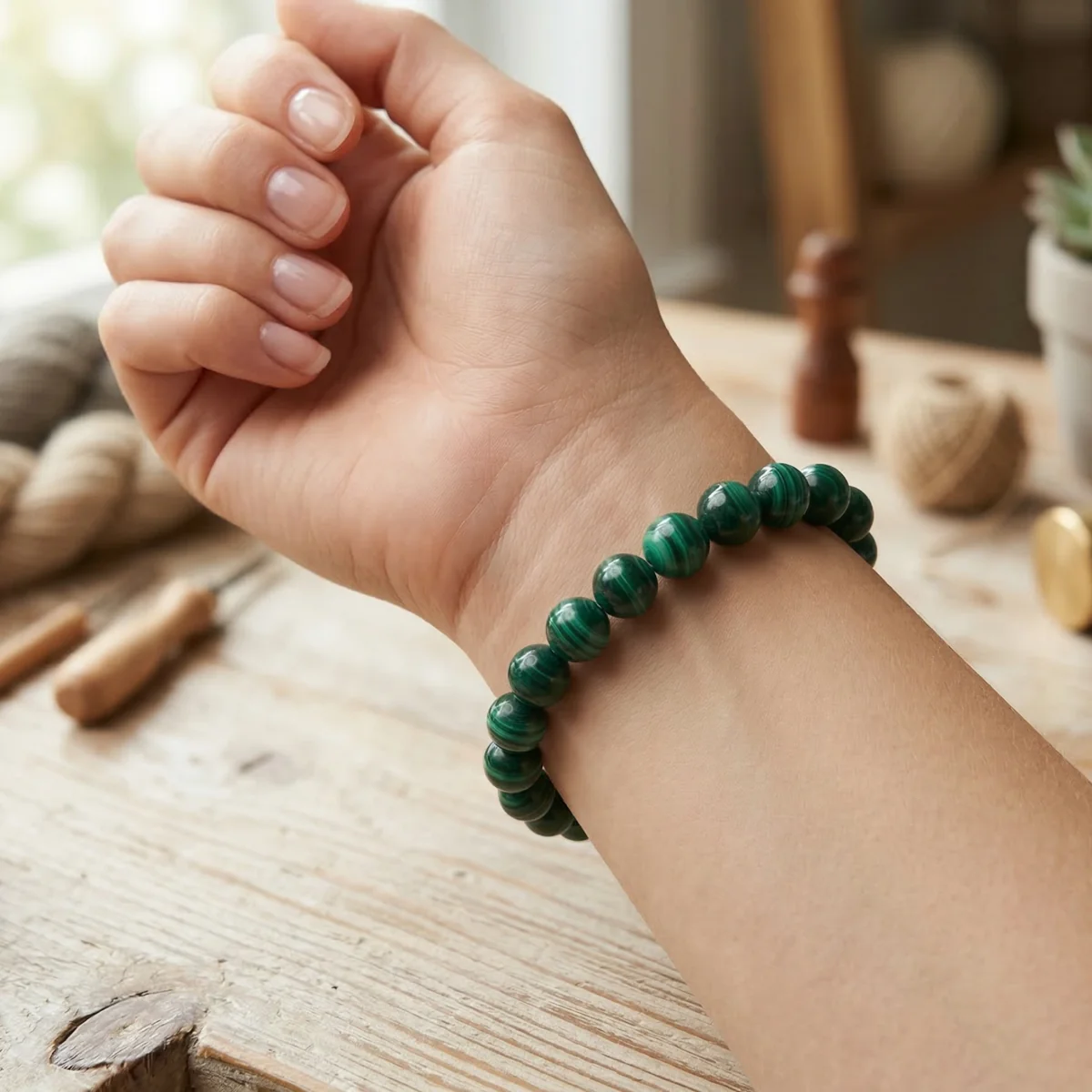 Bracelet Malachite grade A sur poignet
