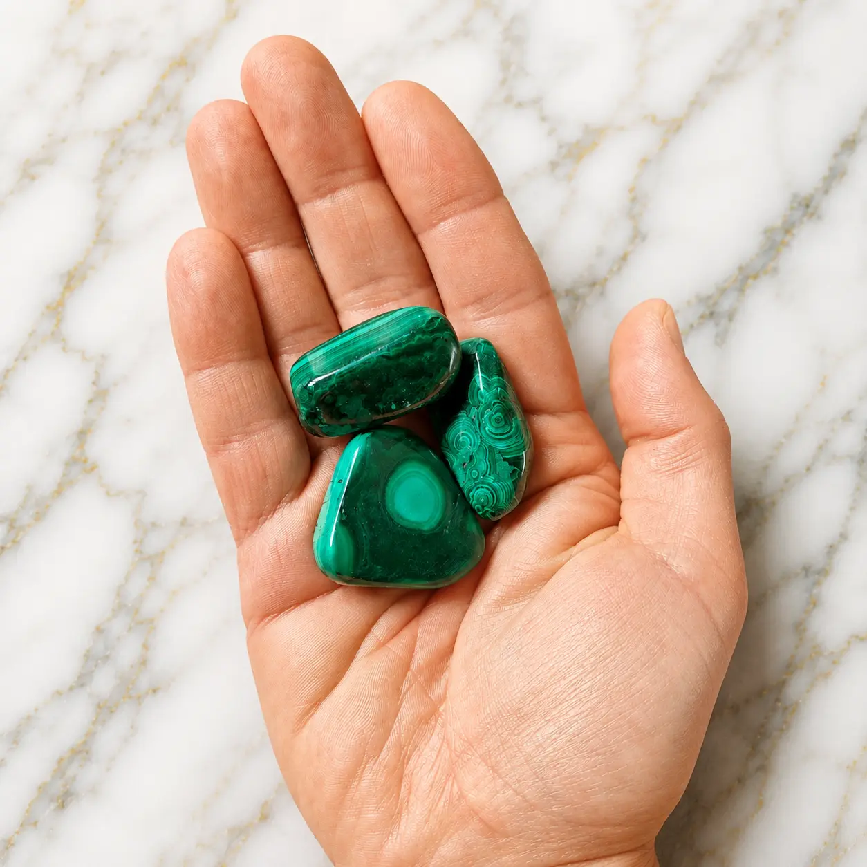 pierres roulees malachite grade A dans paume de main romain creation