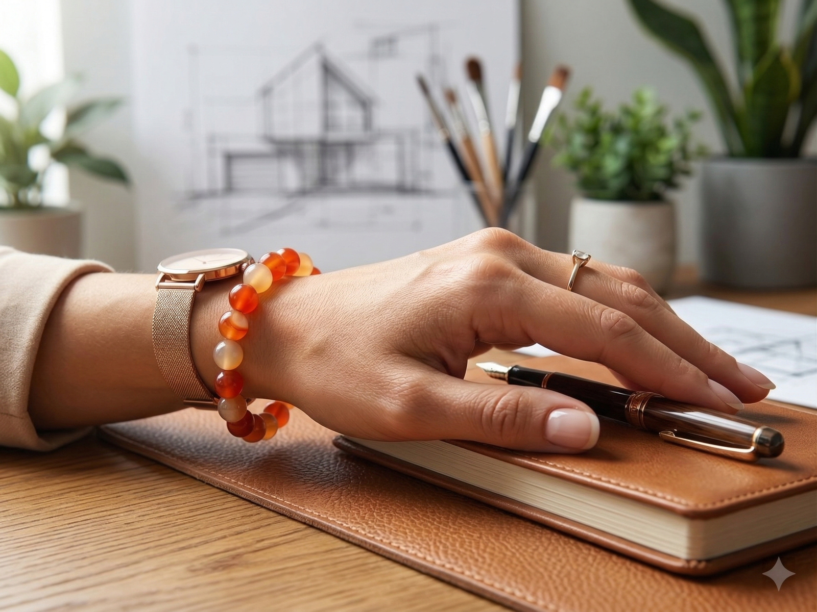 Bracelet Cornaline – Perles 8 mm Grade A 3 Bracelet Cornaline sur poignet d'une femme confiante par Romain Creation