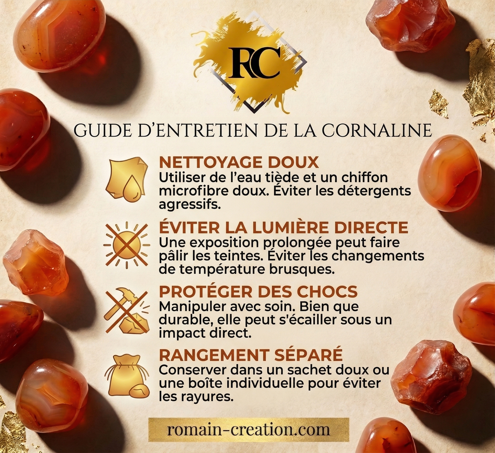 Bracelet Cornaline – Perles 8 mm Grade A 5 Guide d'entretien de la Cornaline par Romain Creation