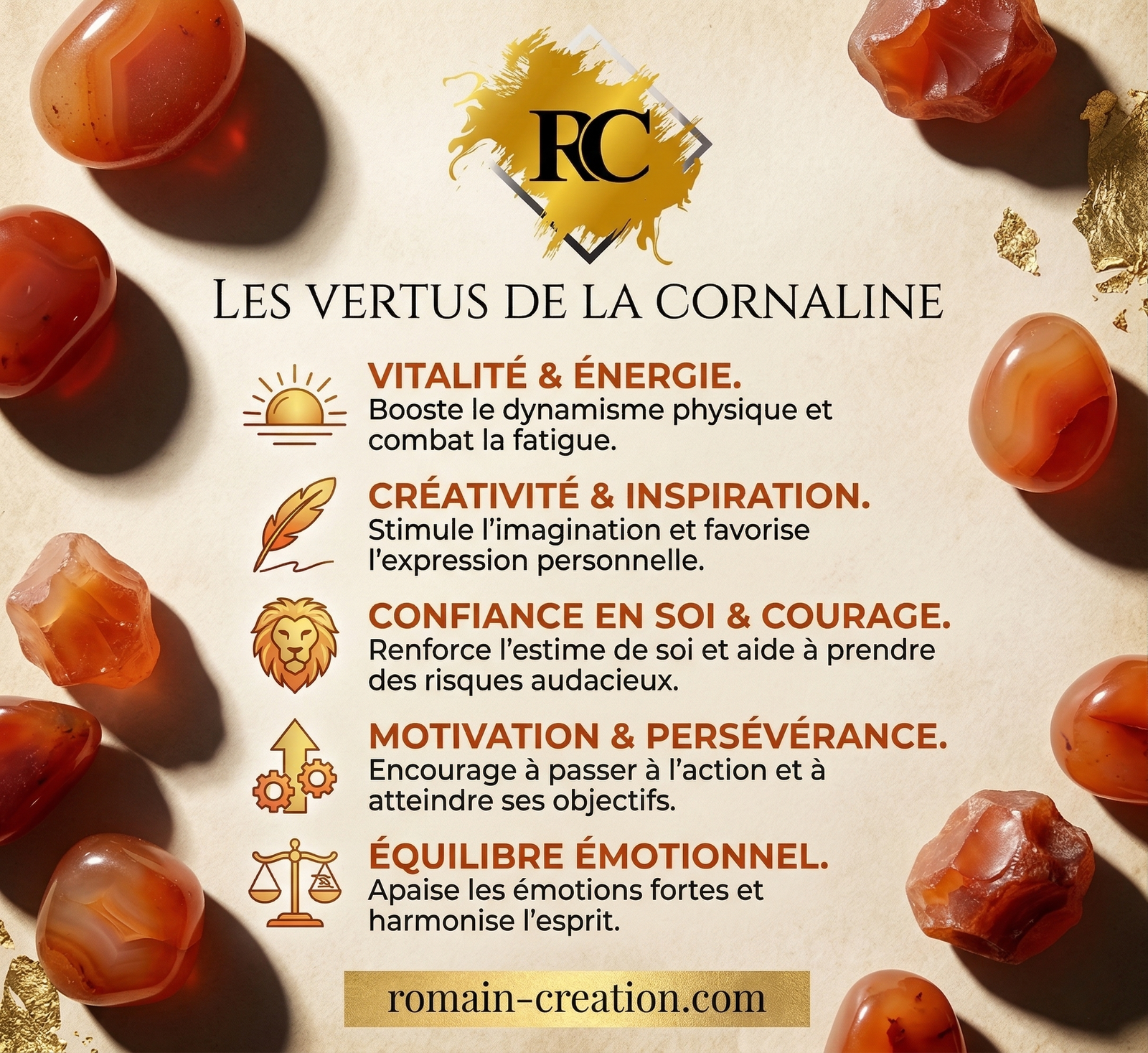 Bracelet Cornaline – Perles 8 mm Grade A 6 Vertus de la Cornaline par Romain Creation