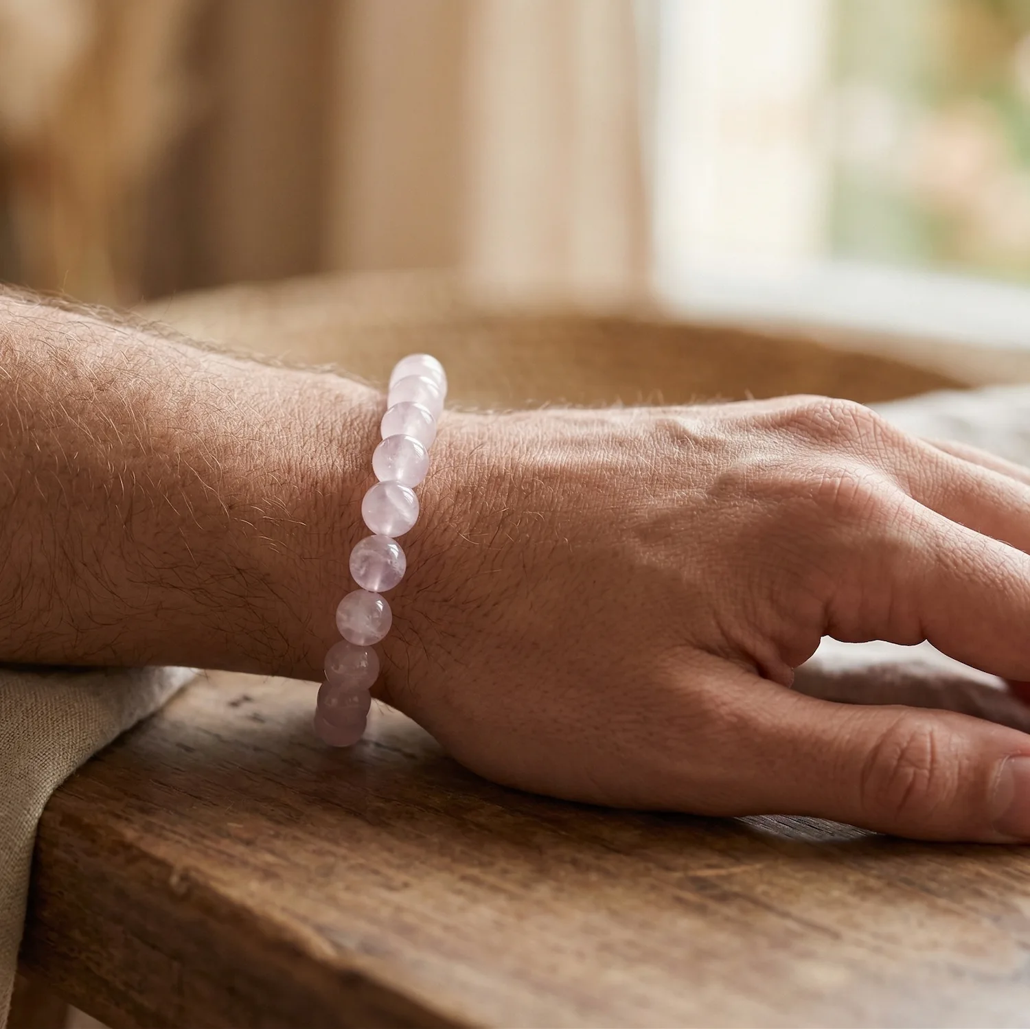 Bracelet de quartz rose sur poignet d'un homme calme par Romain Creation Bracelet de quartz rose sur poignet d'un homme calme par Romain Creation