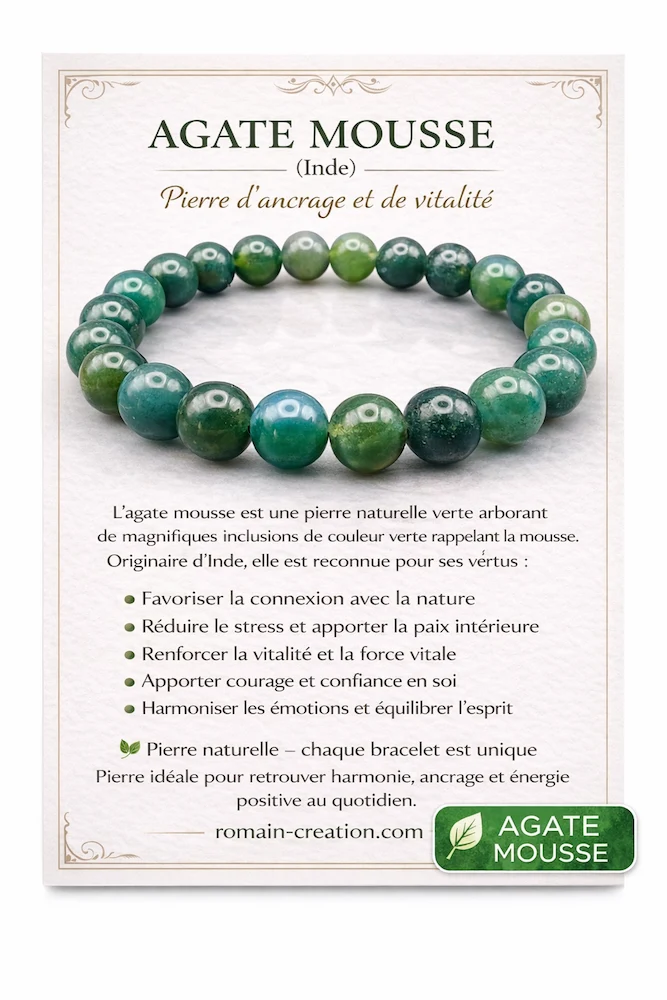 Bracelet Agate Mousse grade AA avec vertus par Romain Creation Bracelet Agate Mousse grade AA avec vertus par Romain Creation