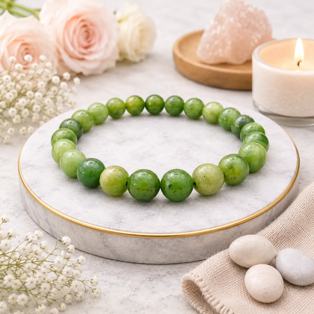 bracelet jade nephrite grade AA sur marbre par romain creation