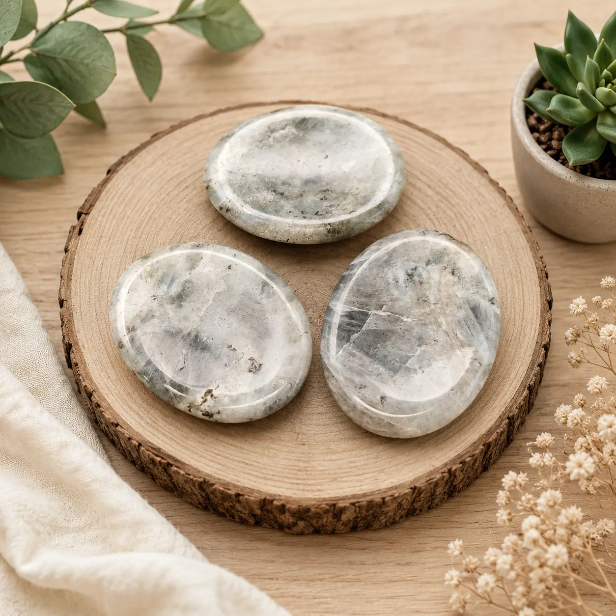 galet anti stress labradorite sur rondin bois