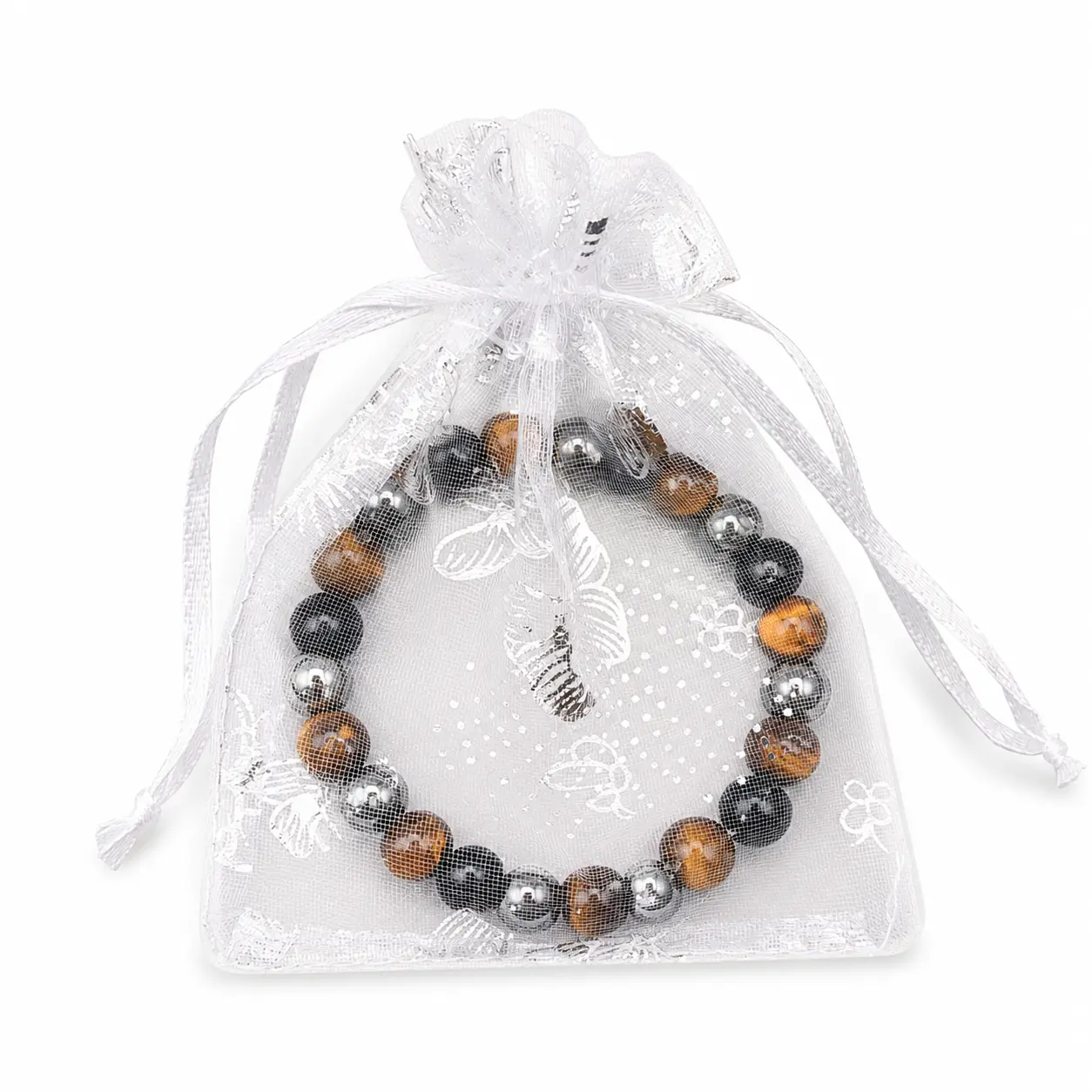 Bracelet hematite - oeil de tigre - obsidienne noire dans sachet organza