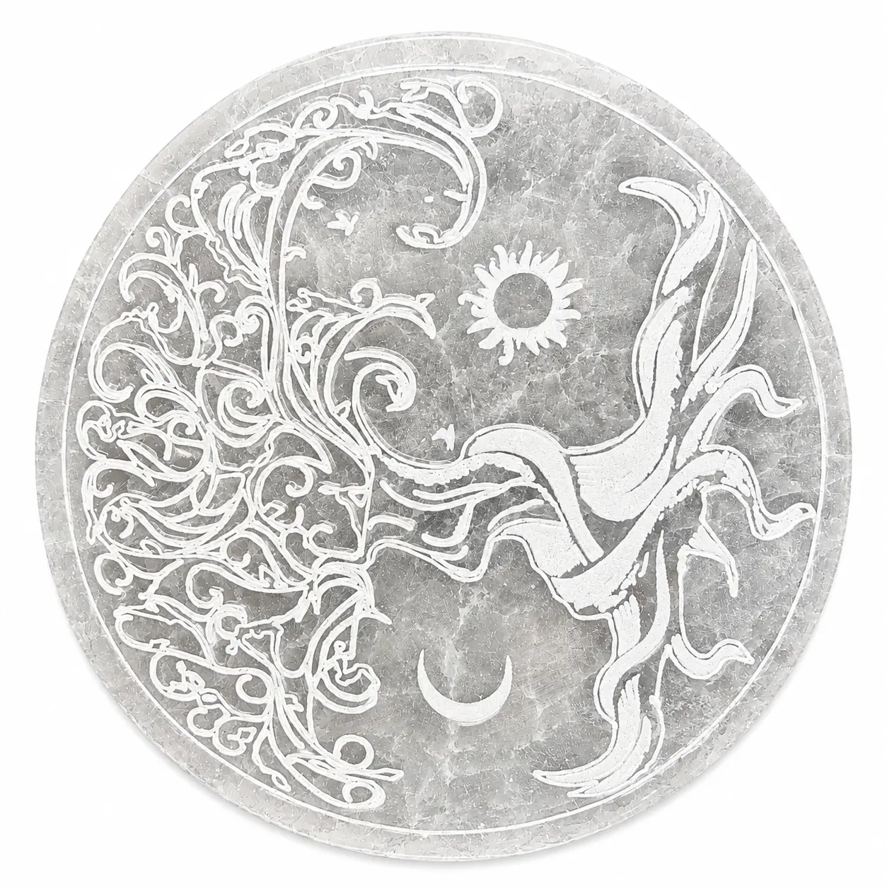 Plaque rechargement selenite arbre vie lune soleil 15 cm face