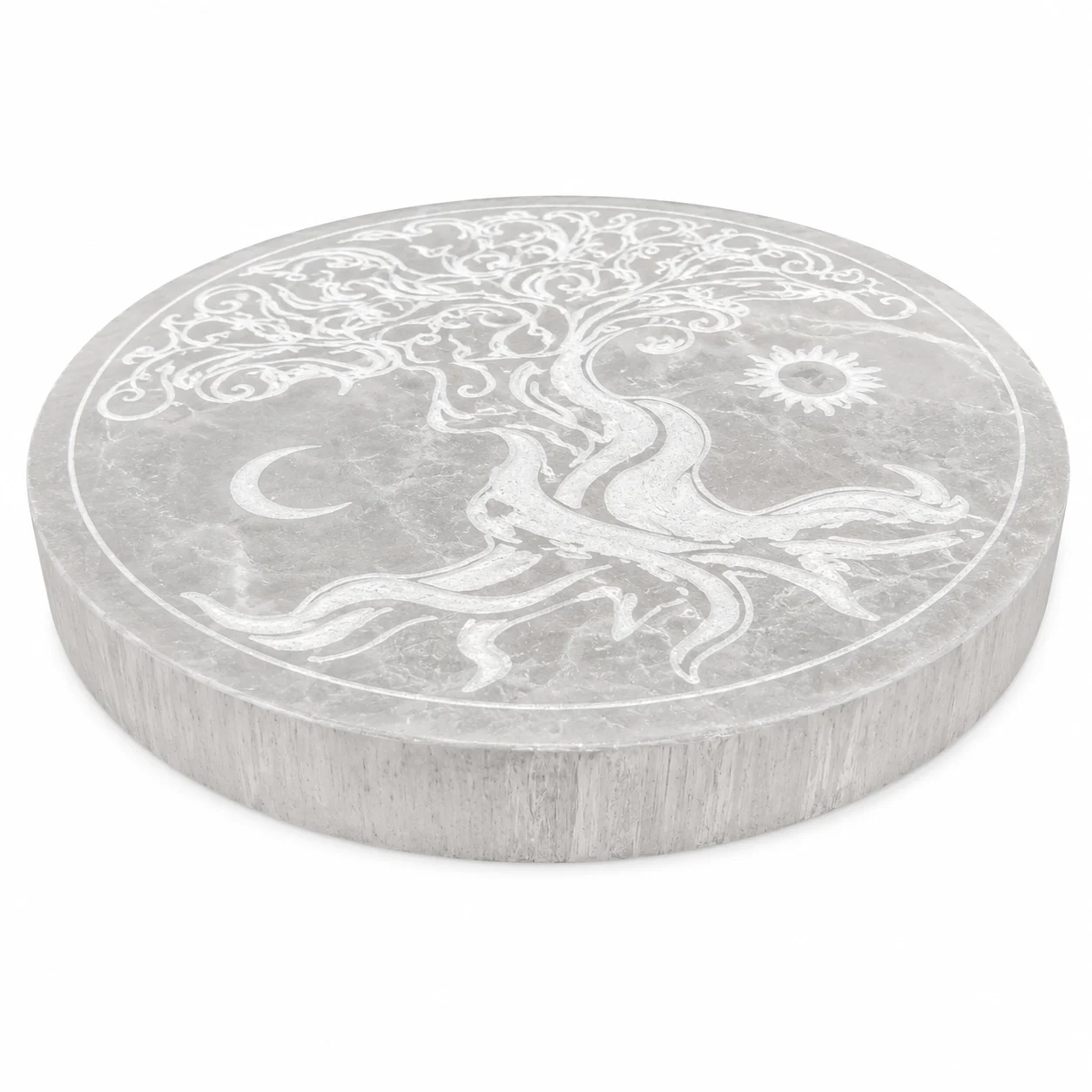 Plaque rechargement selenite arbre vie lune soleil 15 cm
