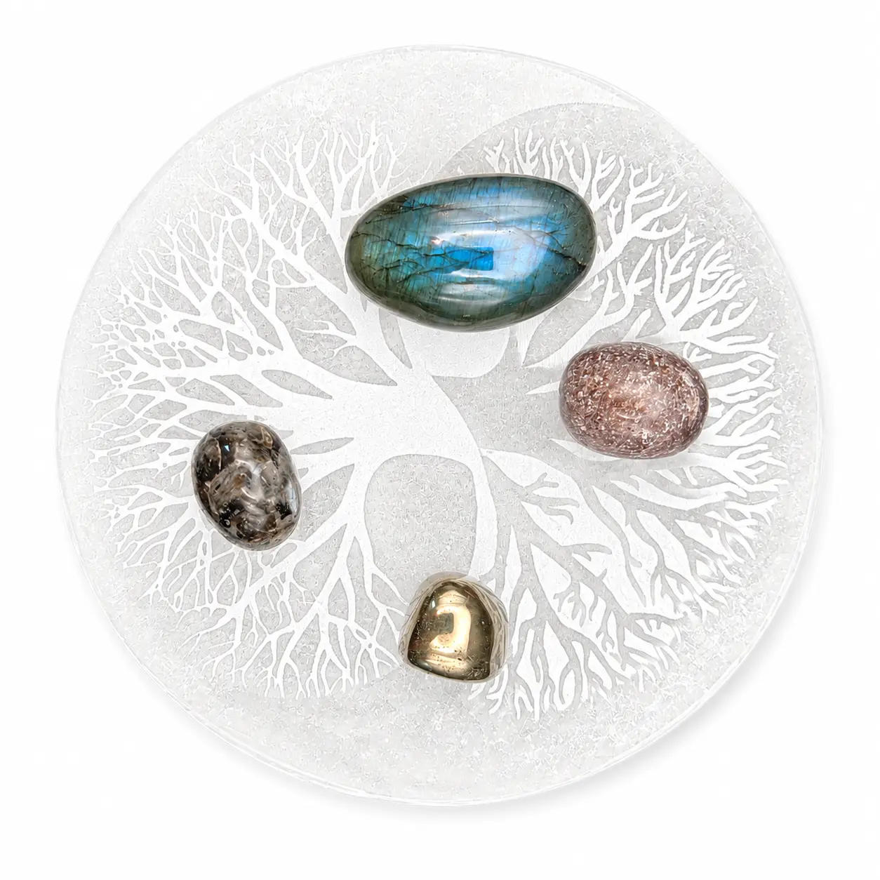 Plaque rechargement selenite arbre vie yin yang et pierres 15 cm