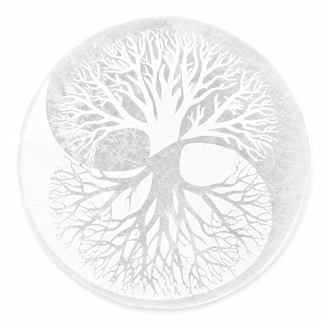 Plaque rechargement selenite arbre vie yin yang face 15 cm