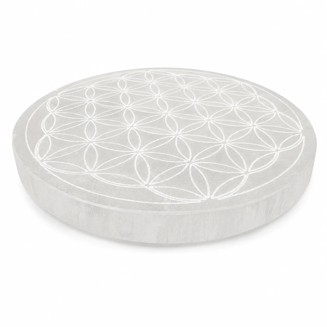 Plaque rechargement selenite fleur de vie 15 cm