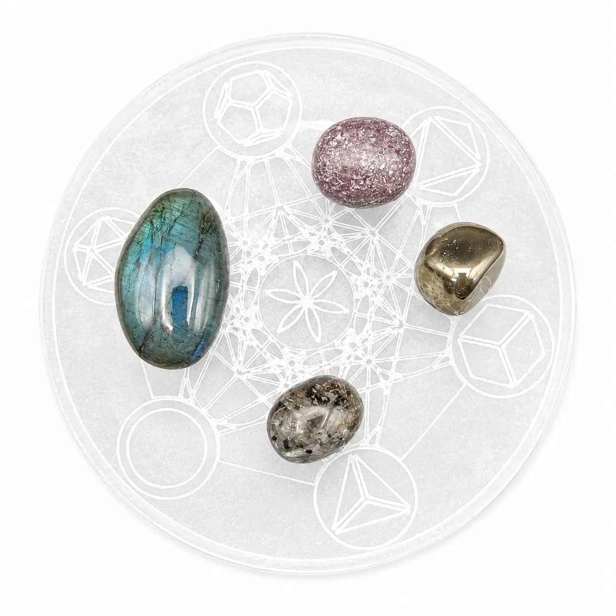 Plaque rechargement selenite metatron et pierres 15 cm