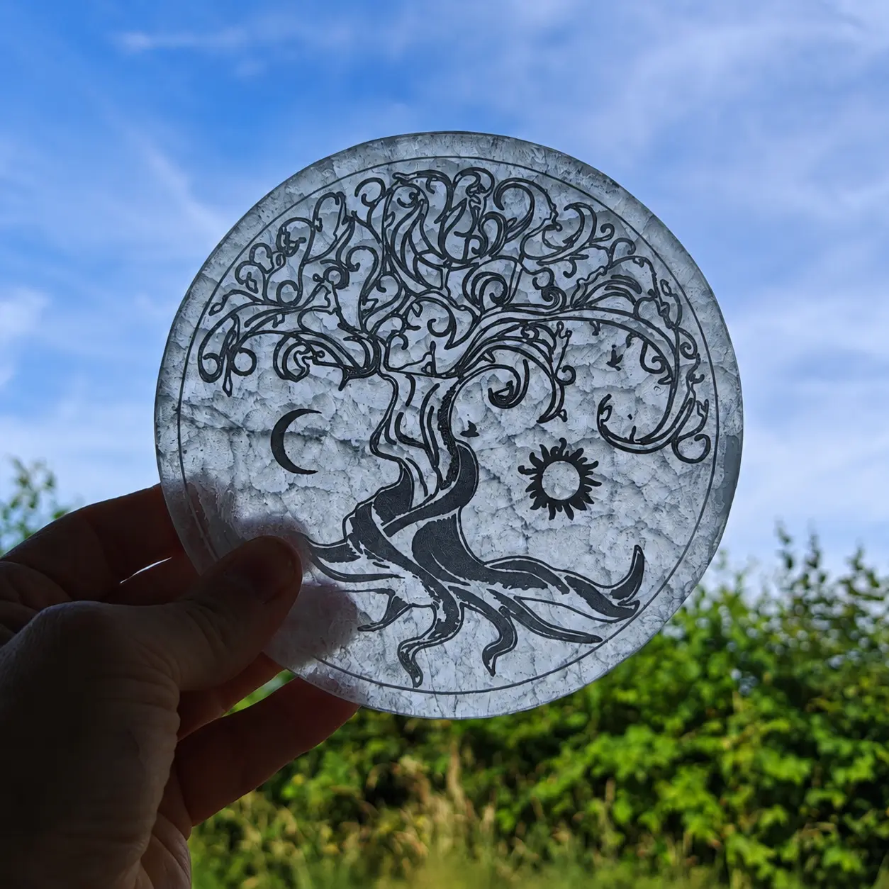 transparence plaque rechargement selenite arbre vie lune soleil 15 cm
